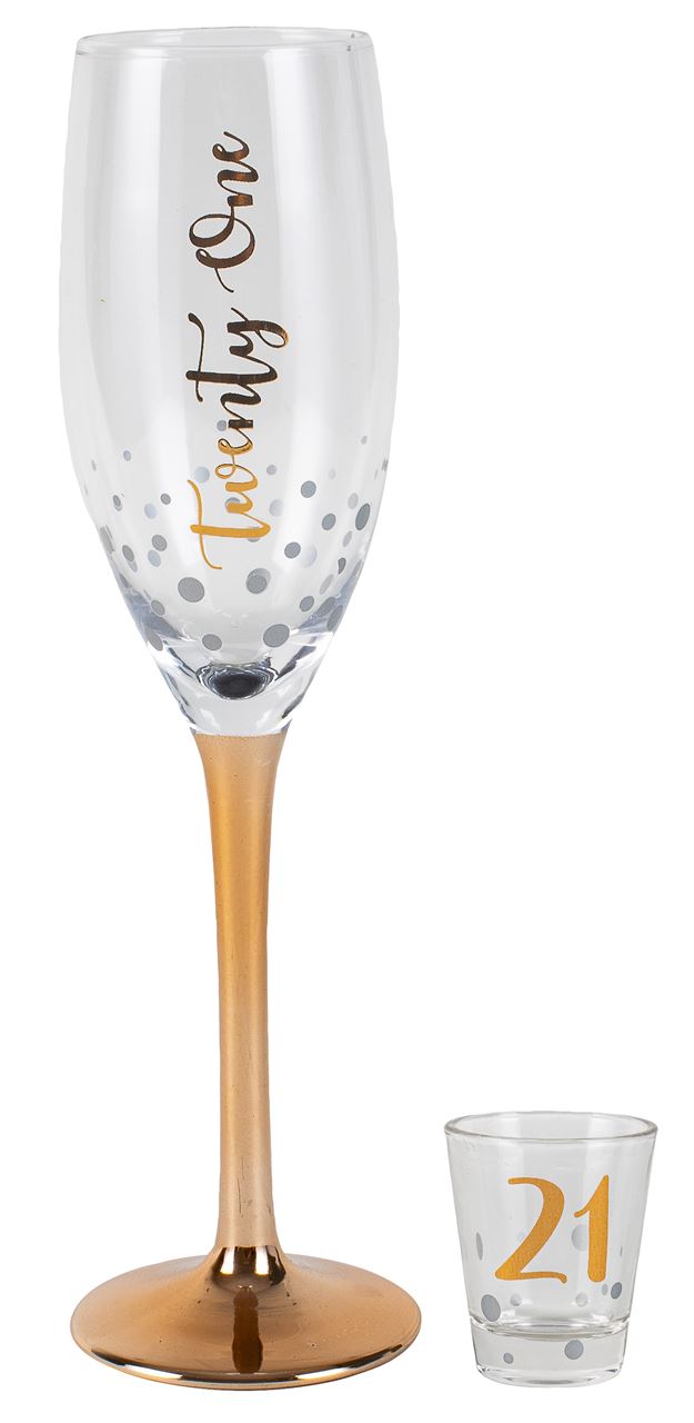 21ST BIRTHDAY ROSE GOLD CHAMPAGNE GLASS & SHOT GLASS GIFT SET