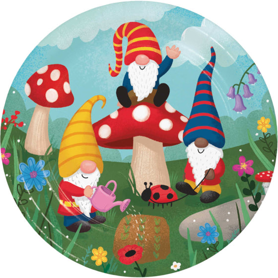 PARTY GNOMES ROUND PAPER PLATES 22.2CM - PACK OF 8