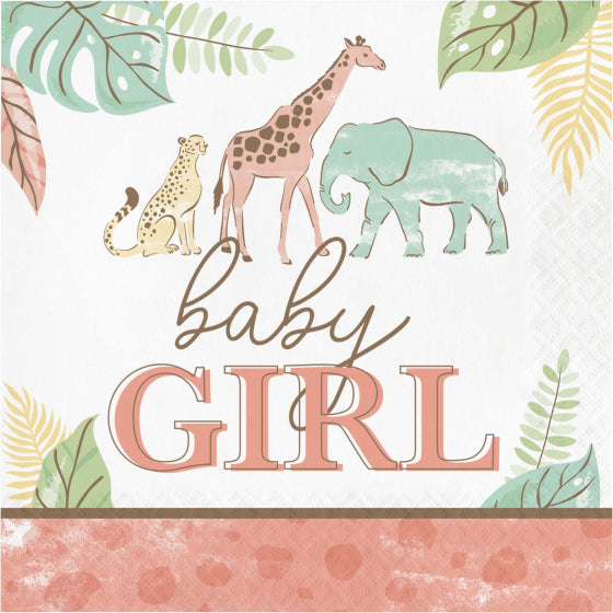 BABY SHOWER SAFARI BABY GIRL LUNCH NAPKINS - PACK OF 16