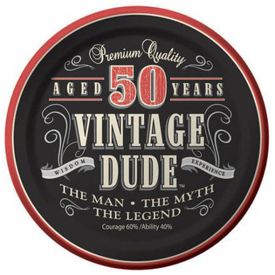 VINTAGE DUDE 50TH BIRTHDAY ROUND PAPER PLATES 17.4CM - PACK OF 8