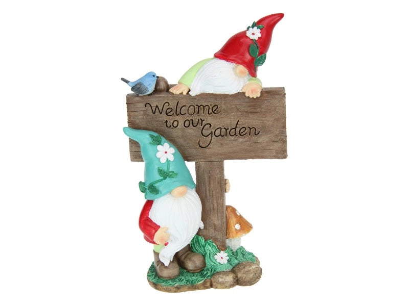 FLORAL GARDEN GNOME WITH WELCOME SIGN - 23CM