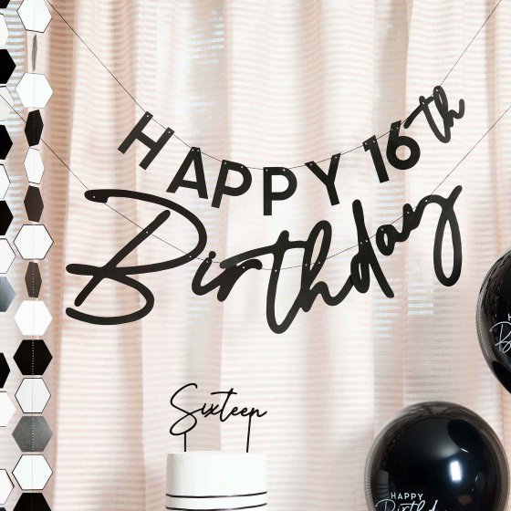 HOOTYBALLOO MONOCHROME PARTY BLACK HAPPY BIRTHDAY CUSTOMISABLE CARD BANNER 2.2M