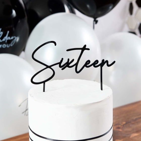 HOOTYBALLOO MONOCHROME PARTY BLACK SIXTEEN ACRYLIC CAKE TOPPER
