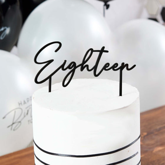 HOOTYBALLOO MONOCHROME PARTY BLACK EIGHTEEN ACRYLIC CAKE TOPPER