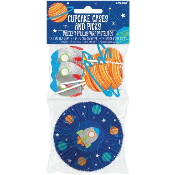 BLAST OFF SPACE BIRTHDAY CUPCAKE CASES AND PICKS - 24 PACK