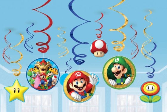 SUPER MARIO BROS HANGING SWIRL DECORATIONS - 12 PIECES