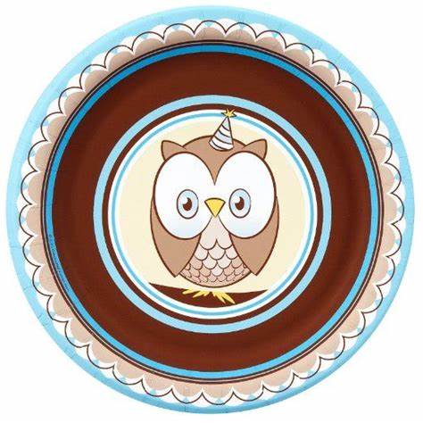 LOOK WHOO'S TURNING ONE BOY 1ST BIRTHDAY ROUND PAPER PLATES 17CM - PACK OF 8