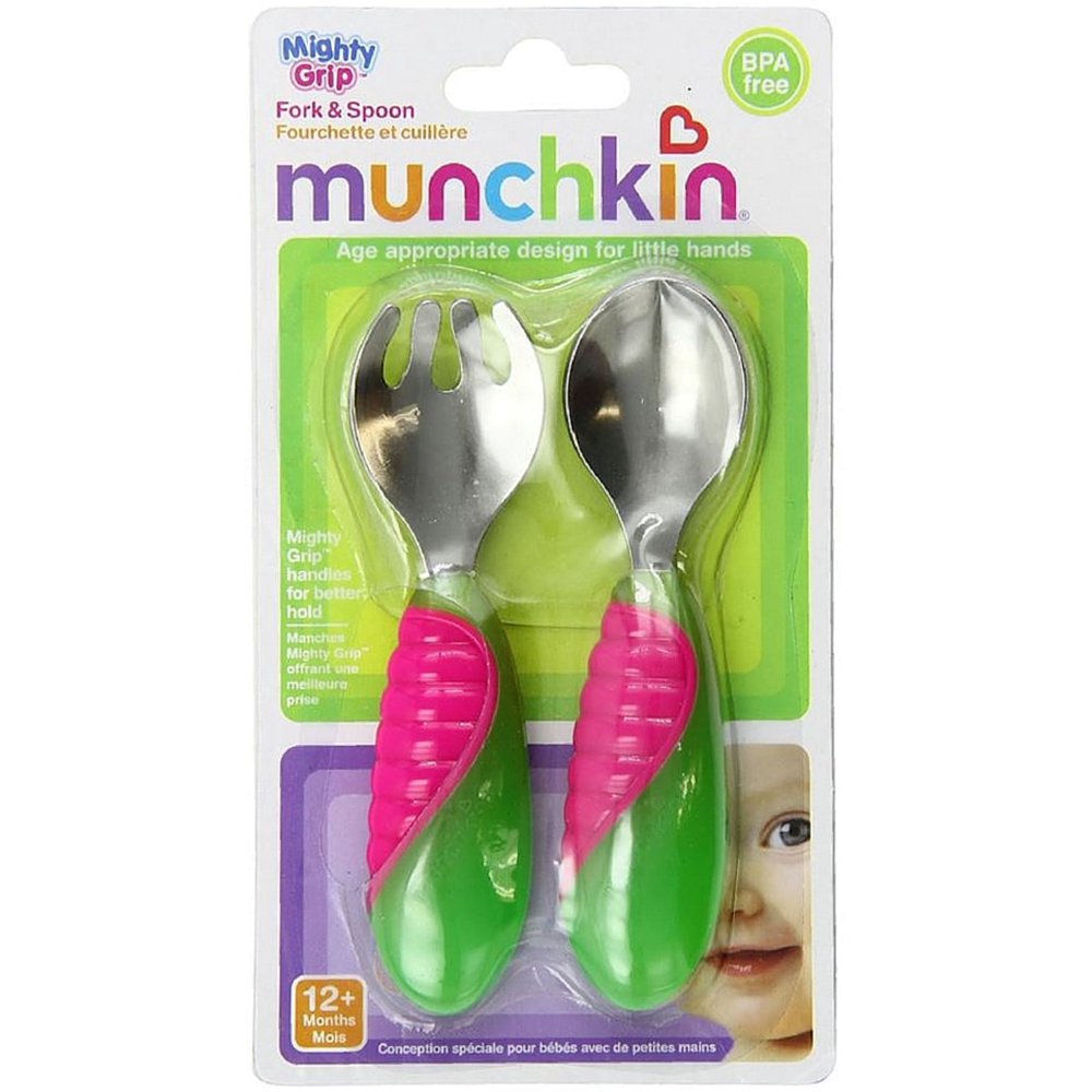 MUNCHKIN MIGHTY GRIP FORK & SPOON - PINK AND GREEN