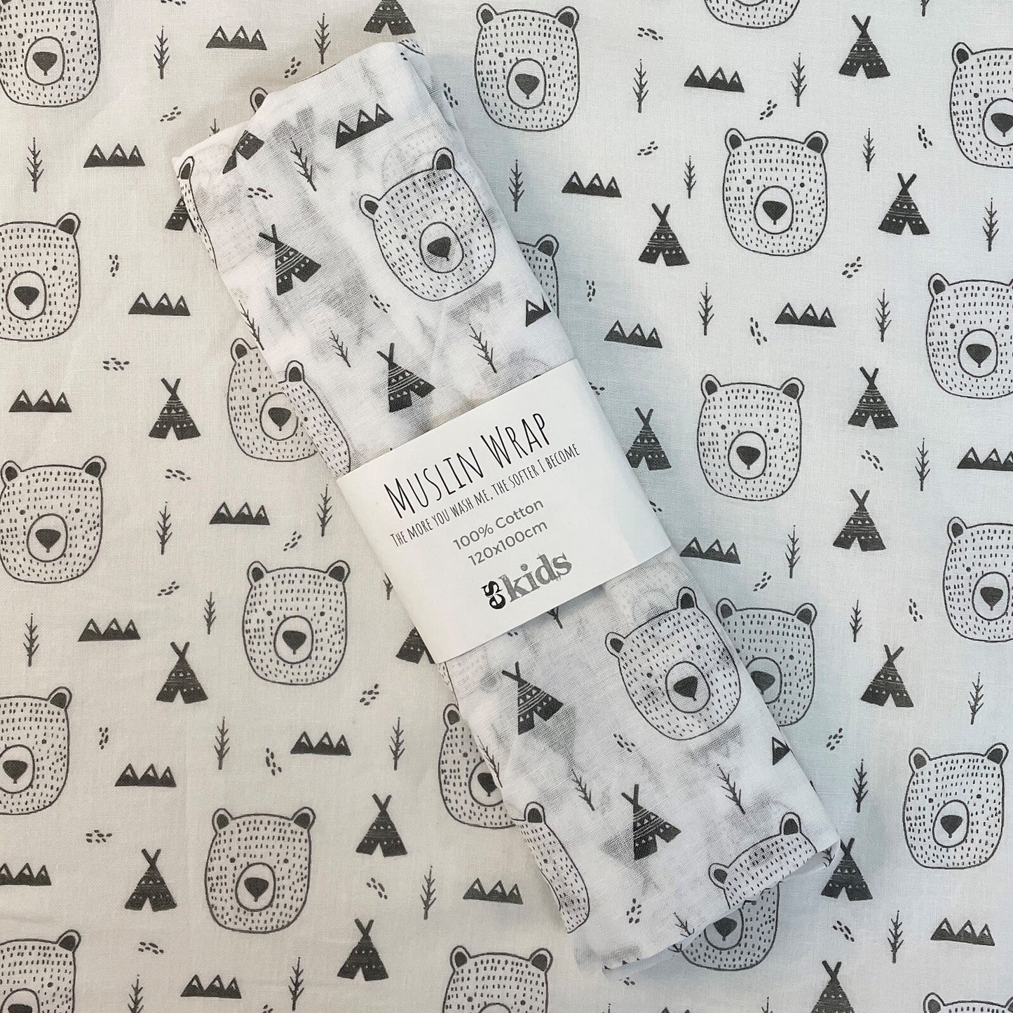 ES KIDS MUSLIN WRAP 100CM x 120CM - GREY BEAR