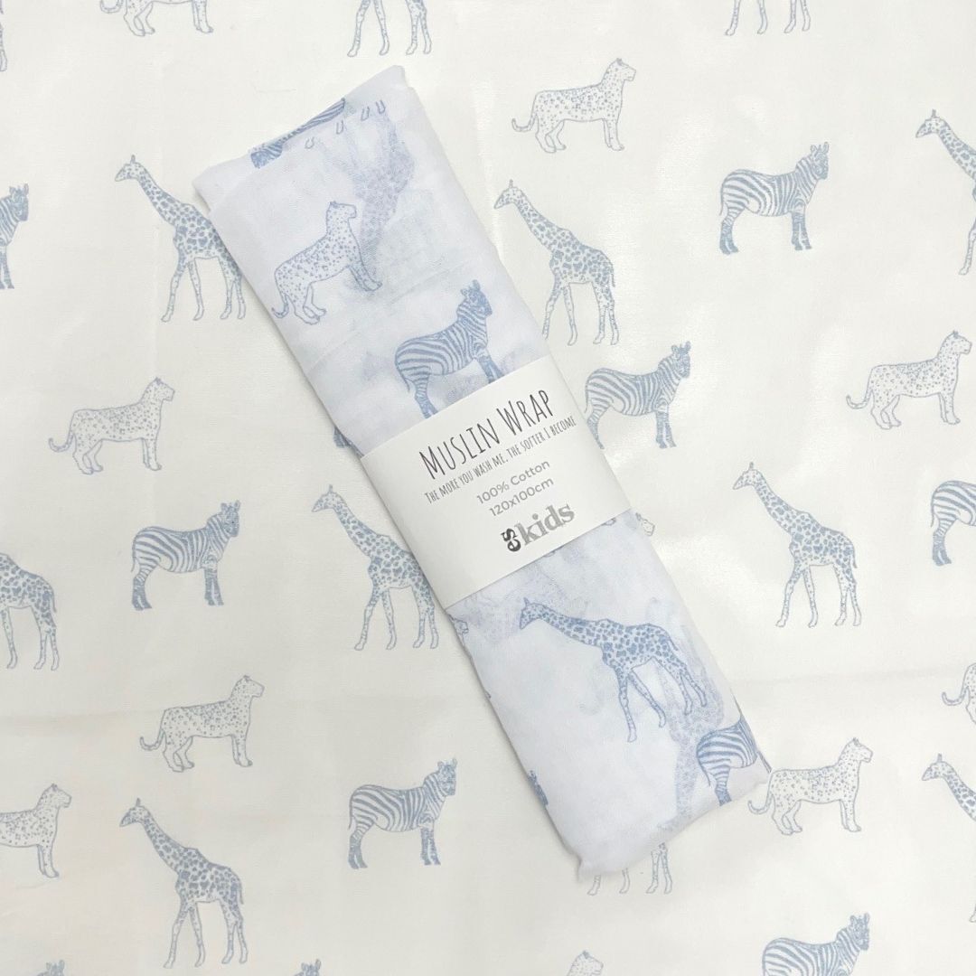 ES KIDS MUSLIN WRAP 100CM x 120CM - BLUE JUNGLE ANIMALS