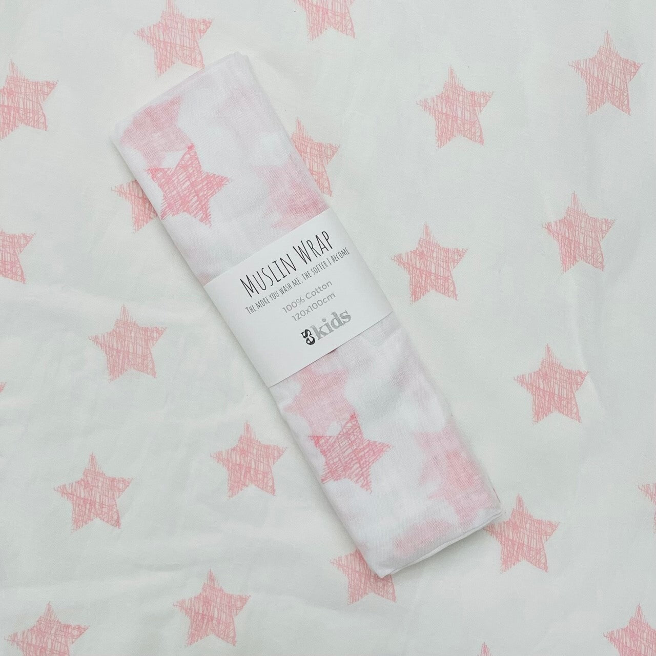 ES KIDS MUSLIN WRAP 100CM x 120CM - PINK STARS