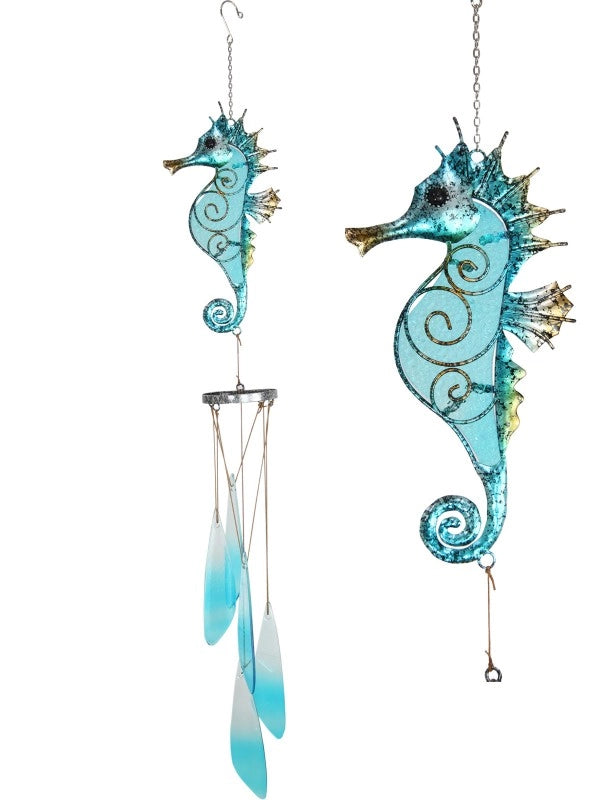 METAL/GLASS BLUE SEAHORSE WIND CHIME - 75CM