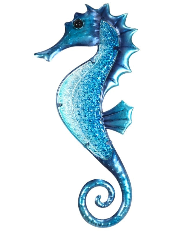 BLUE METAL GLASS SEAHORSE WALL ART - 43CM