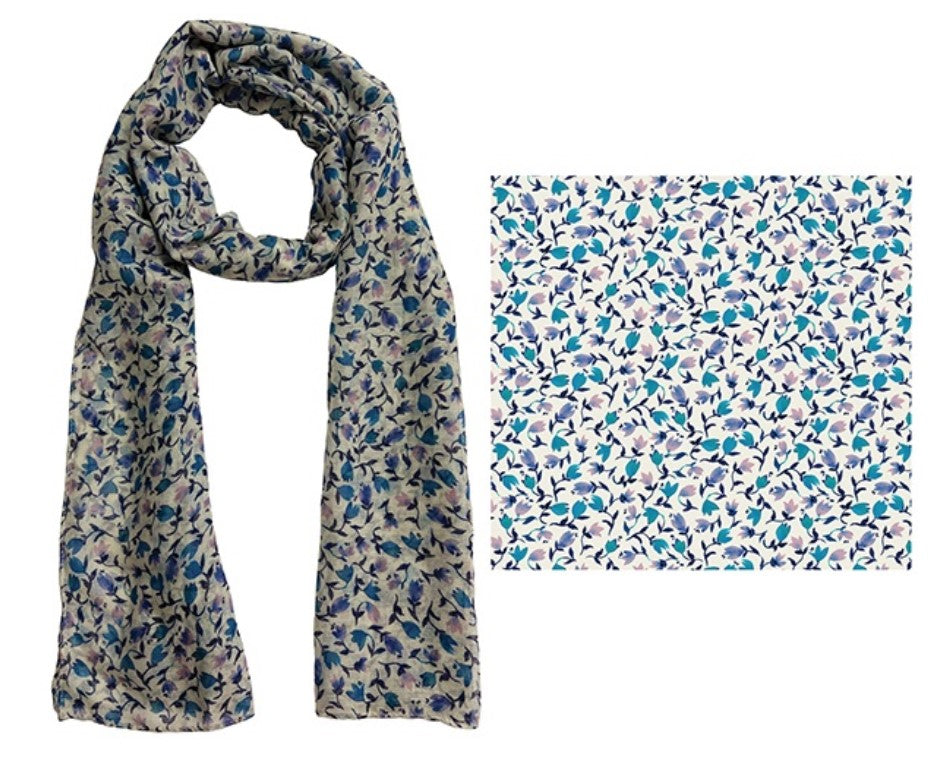 FRANKIE & ME DESIGNER POLYESTER SCARF - BLUE DITSY FLORAL PRINT