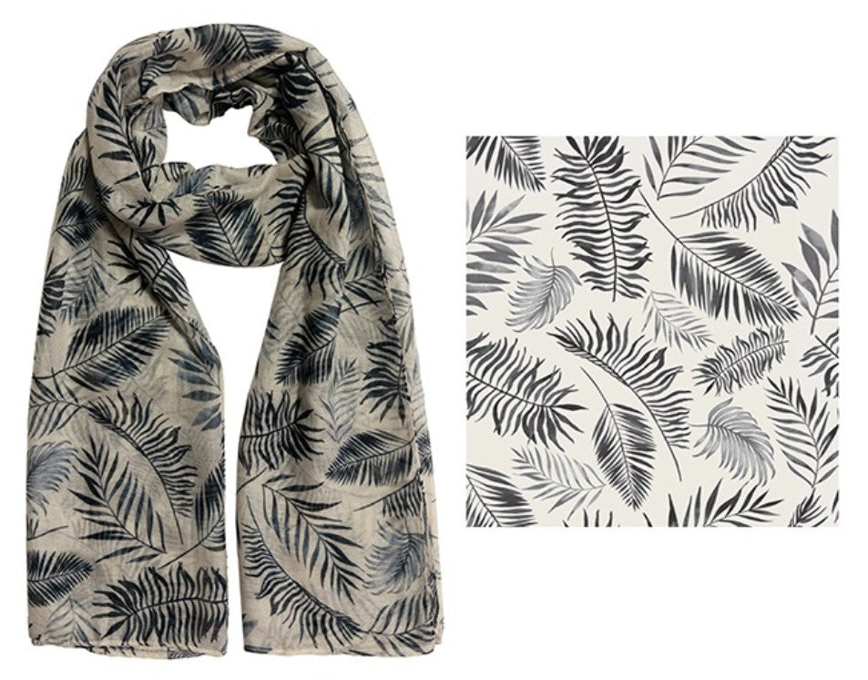 FRANKIE & ME DESIGNER POLYESTER SCARF - MONOCHROME LEAF PRINT