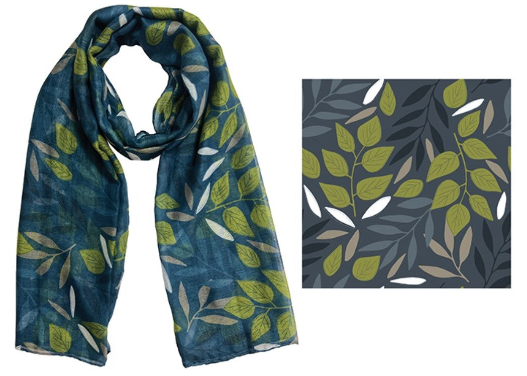 FRANKIE & ME DESIGNER POLYESTER SCARF - GREEN MIX LEAF PRINT