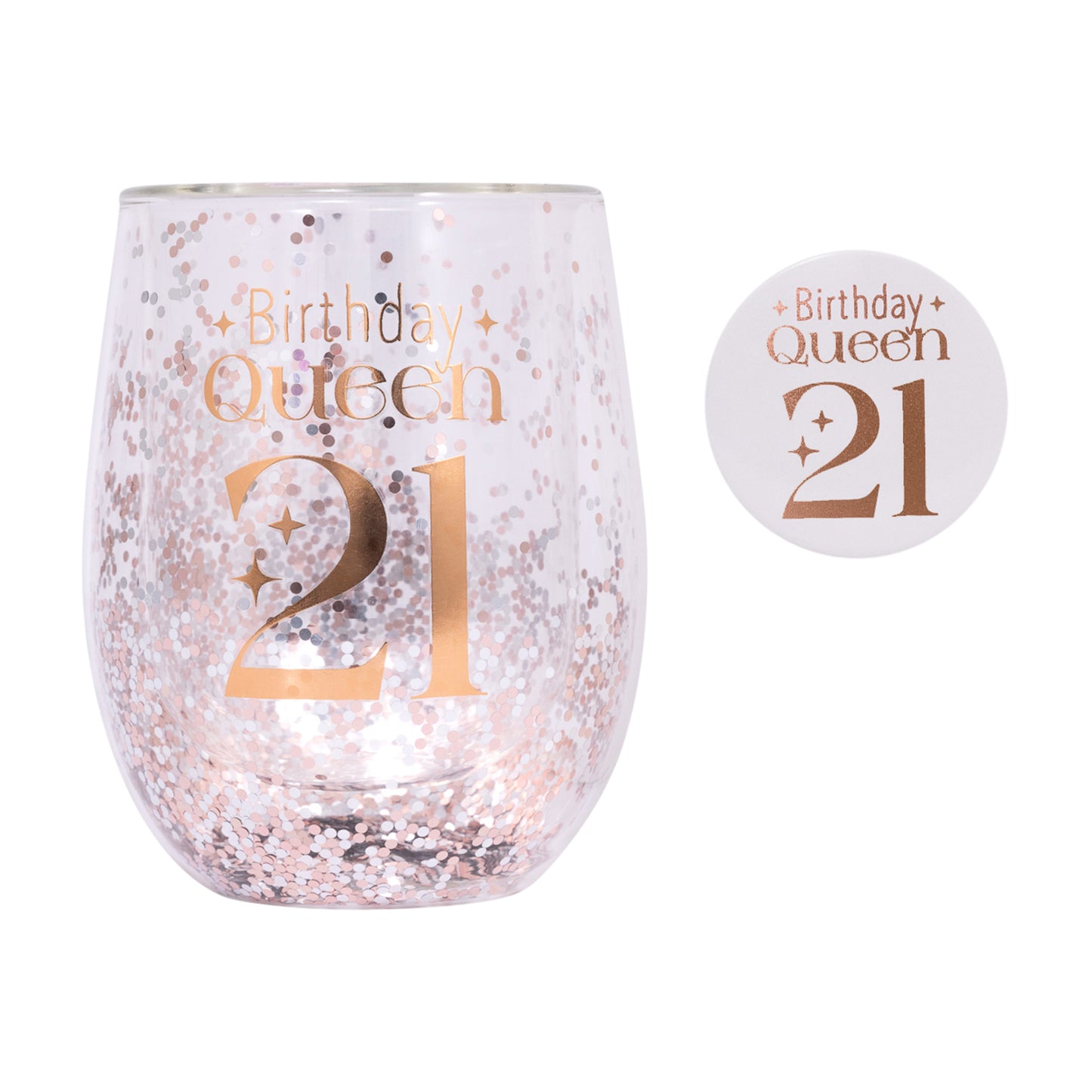 21ST BIRTHDAY QUEEN GLITTER STEMLESS GLASS & BADGE SET