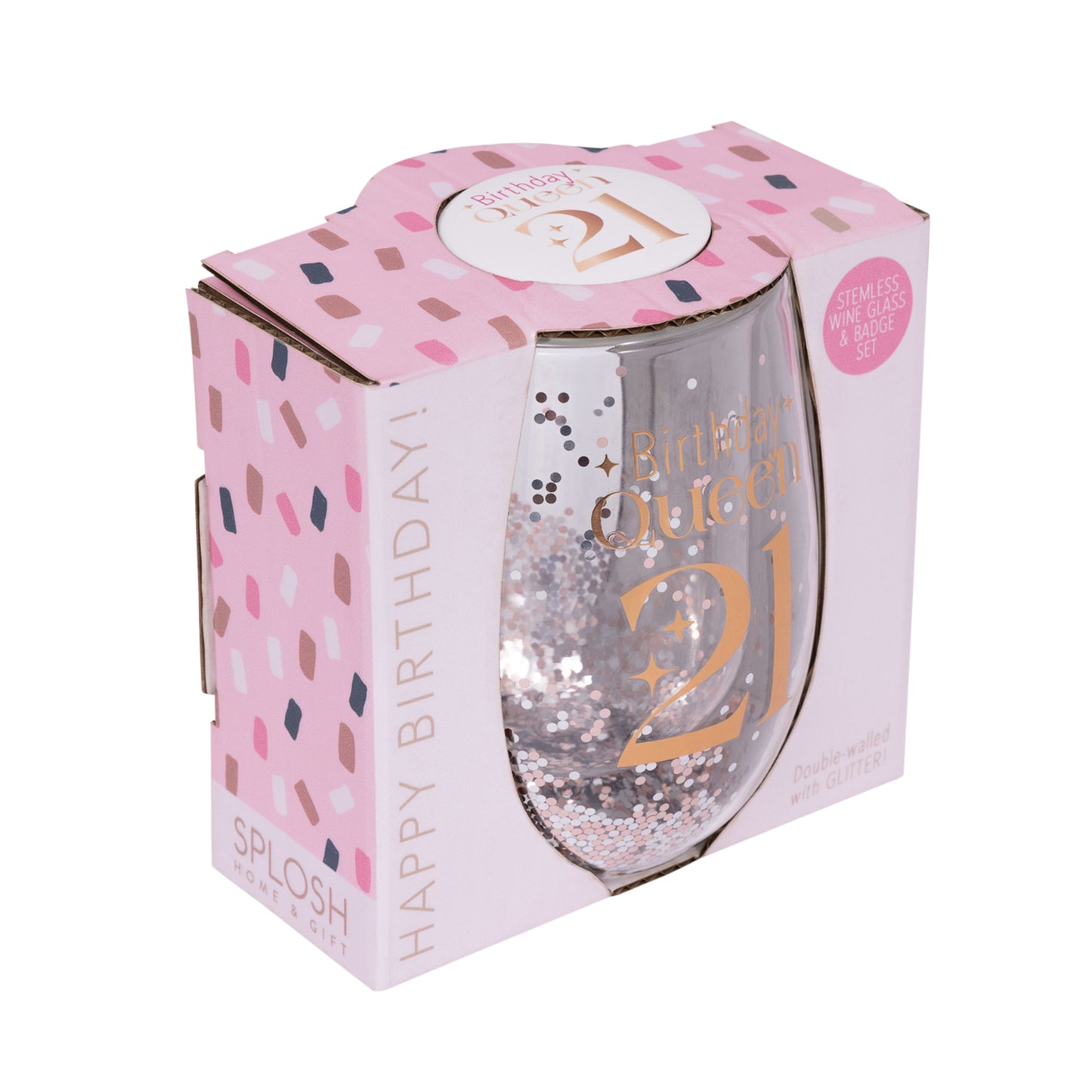 21ST BIRTHDAY QUEEN GLITTER STEMLESS GLASS & BADGE SET