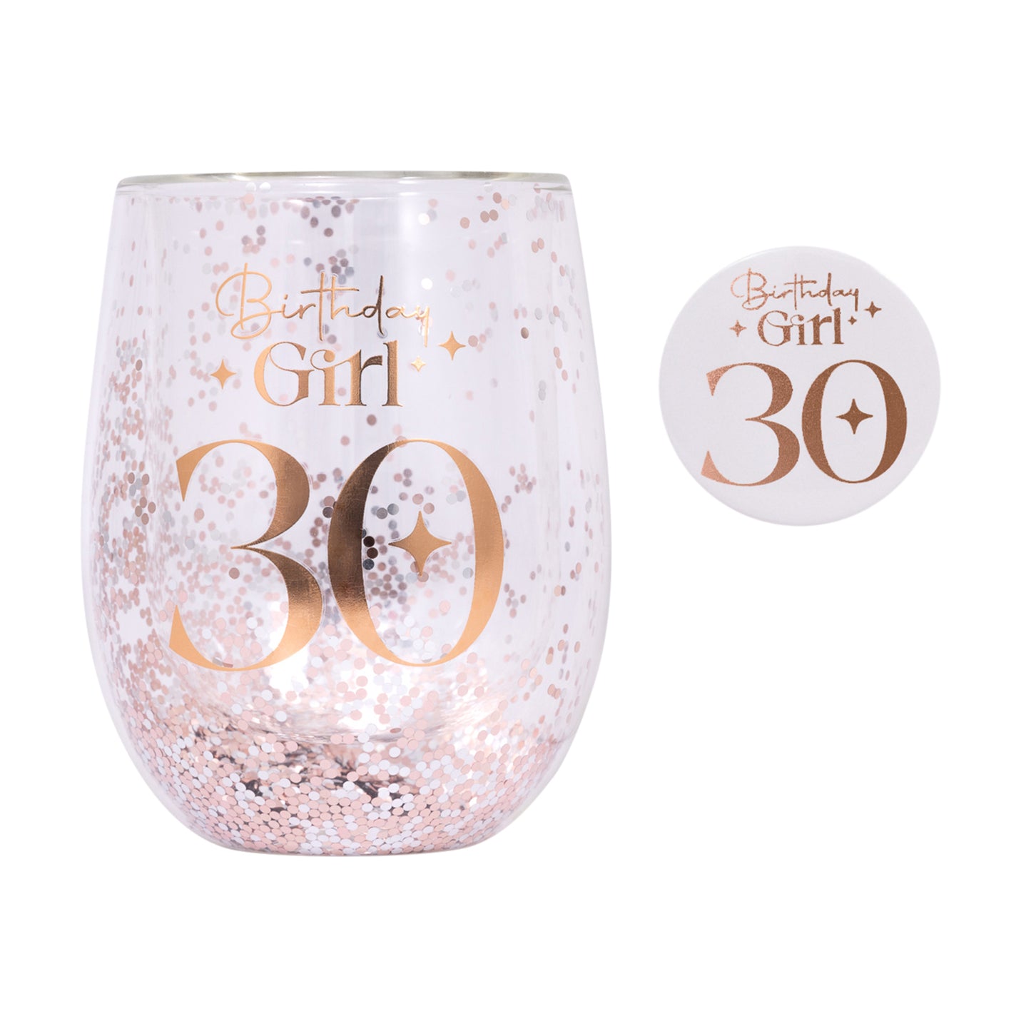 30TH BIRTHDAY GIRL GLITTER STEMLESS GLASS & BADGE SET