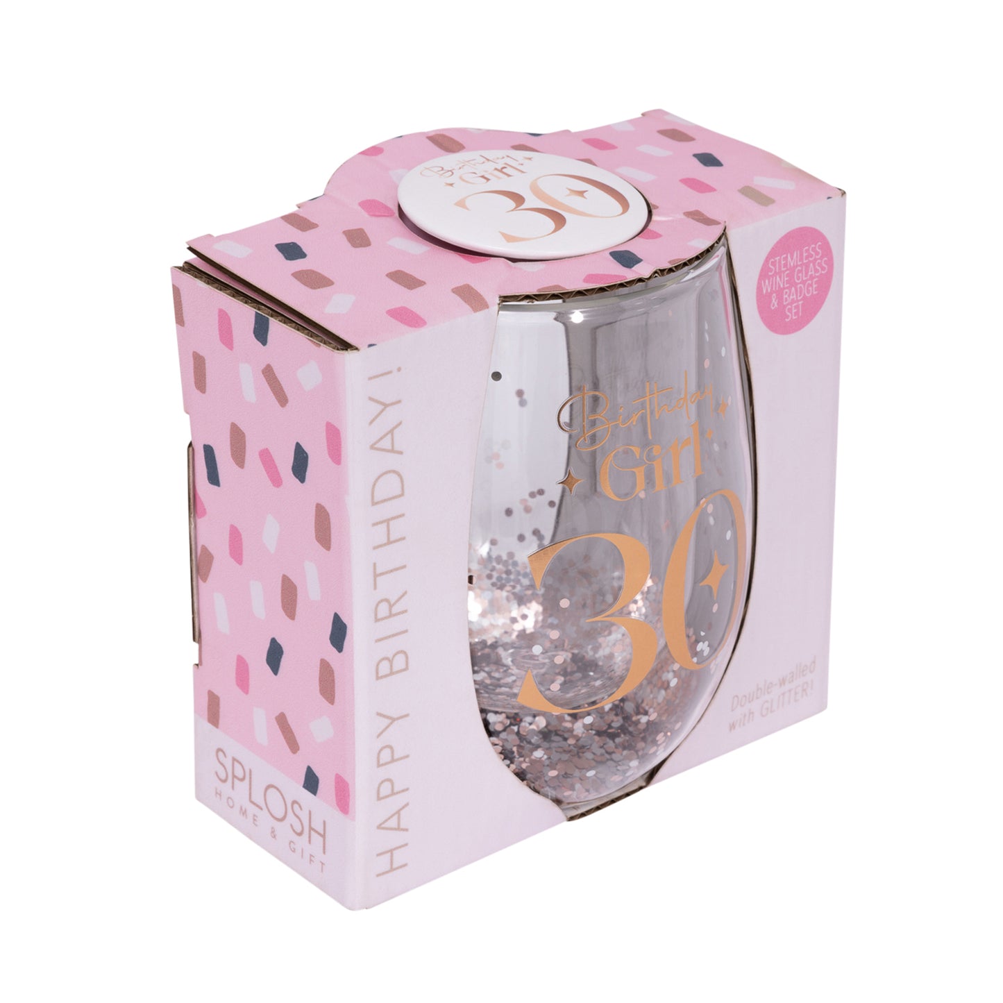 30TH BIRTHDAY GIRL GLITTER STEMLESS GLASS & BADGE SET