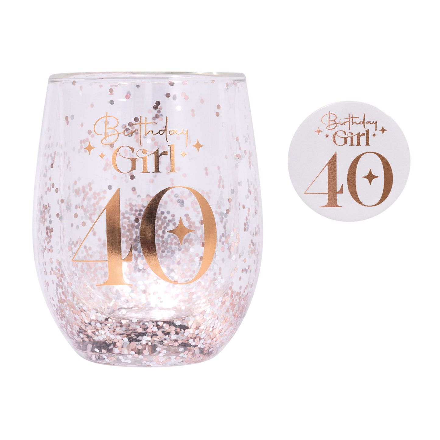 40TH BIRTHDAY GIRL GLITTER STEMLESS GLASS & BADGE SET