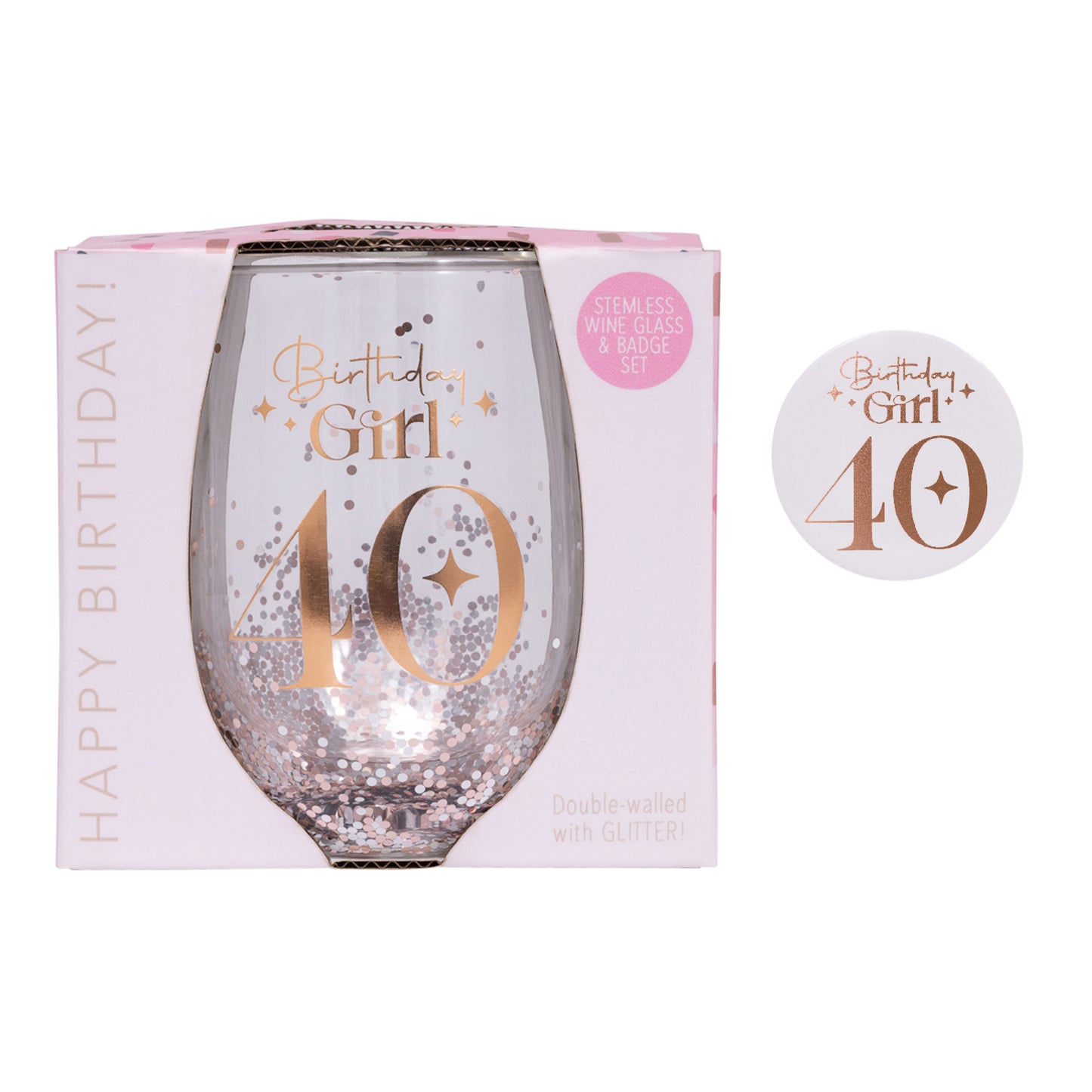 40TH BIRTHDAY GIRL GLITTER STEMLESS GLASS & BADGE SET