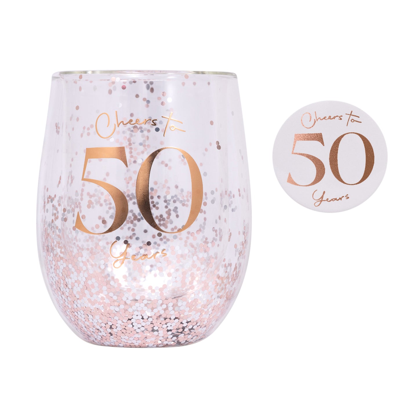 CHEERS TO 50TH GLITTER STEMLESS GLASS & BADGE SET