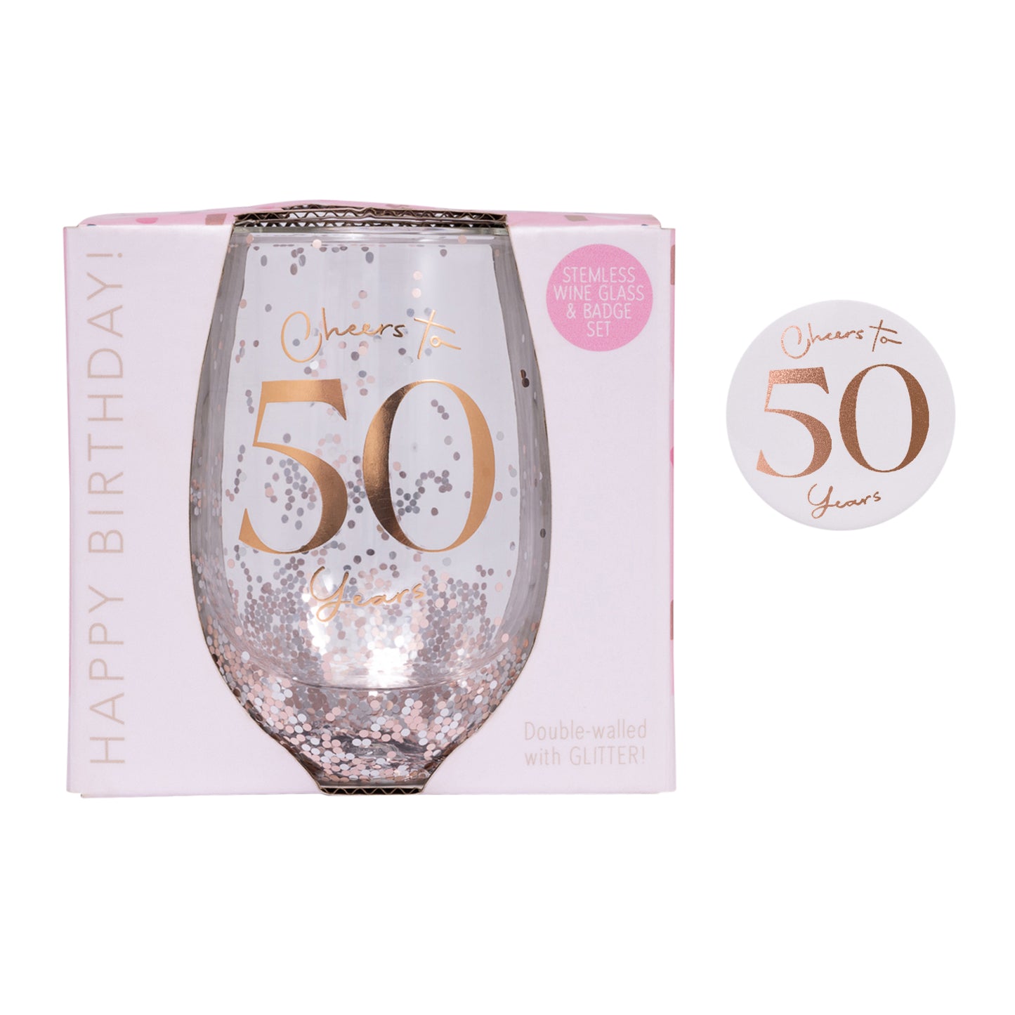 CHEERS TO 50TH GLITTER STEMLESS GLASS & BADGE SET