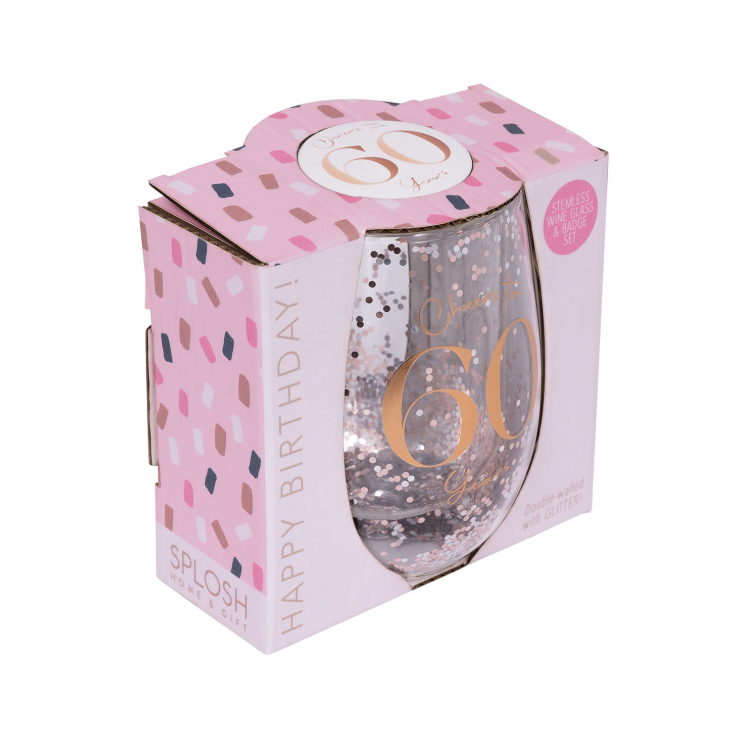 CHEERS TO 60TH GLITTER STEMLESS GLASS & BADGE SET