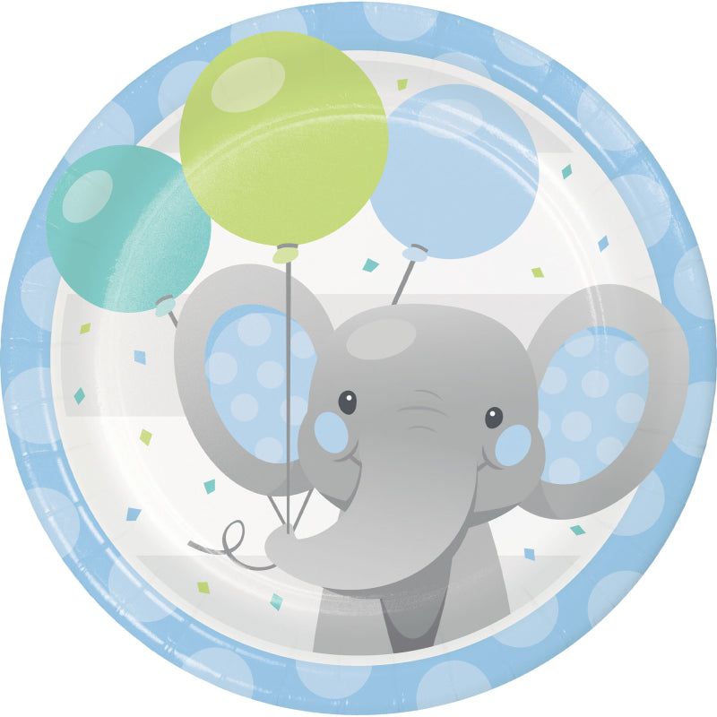 BABY SHOWER BOY ENCHANTED ELEPHANT ROUND PAPER PLATES 17.4CM - PACK OF 8
