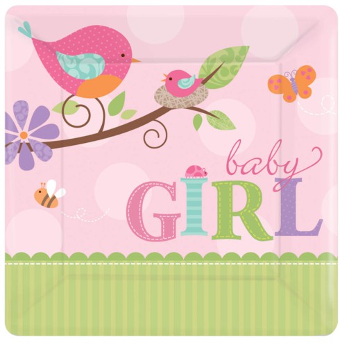 BABY SHOWER TWEET BABY GIRL SQUARE PAPER PLATES 17.8CM ROUND - PACK OF 8