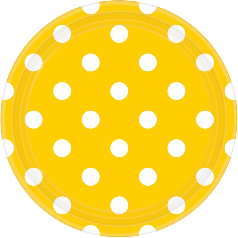 SUNSHINE YELLOW DOTS PAPER PLATES 17.7CM ROUND - PACK OF 8