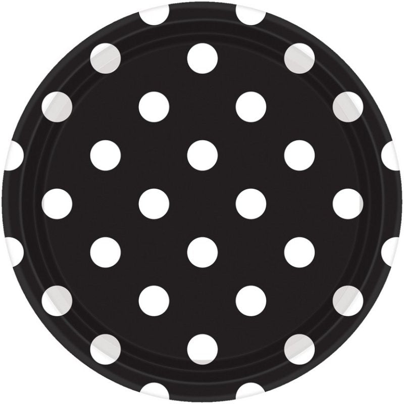 JET BLACK DOTS PAPER PLATES 17.8CM ROUND - PACK OF 8