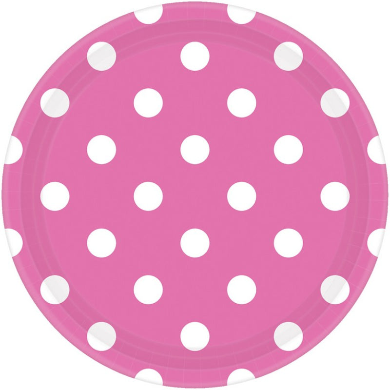 BRIGHT PINK DOTS PAPER PLATES 17.8CM ROUND - PACK OF 8