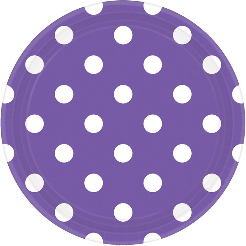 PURPLE DOTS PAPER PLATES 17.8CM ROUND - PACK OF 8