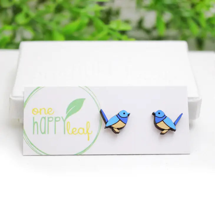 BAMBOO WOOD STUD EARRINGS - BLUE WREN
