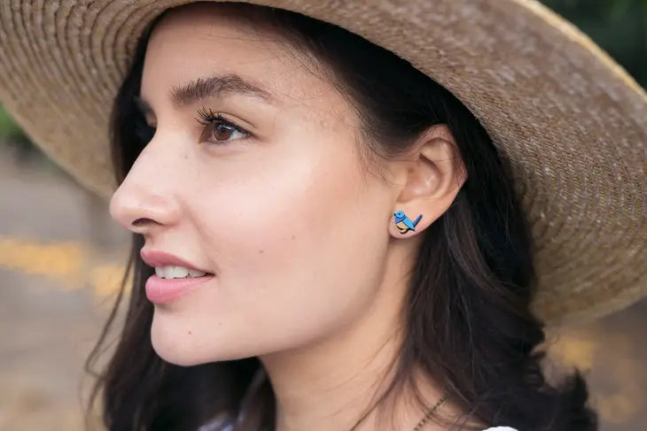 BAMBOO WOOD STUD EARRINGS - BLUE WREN