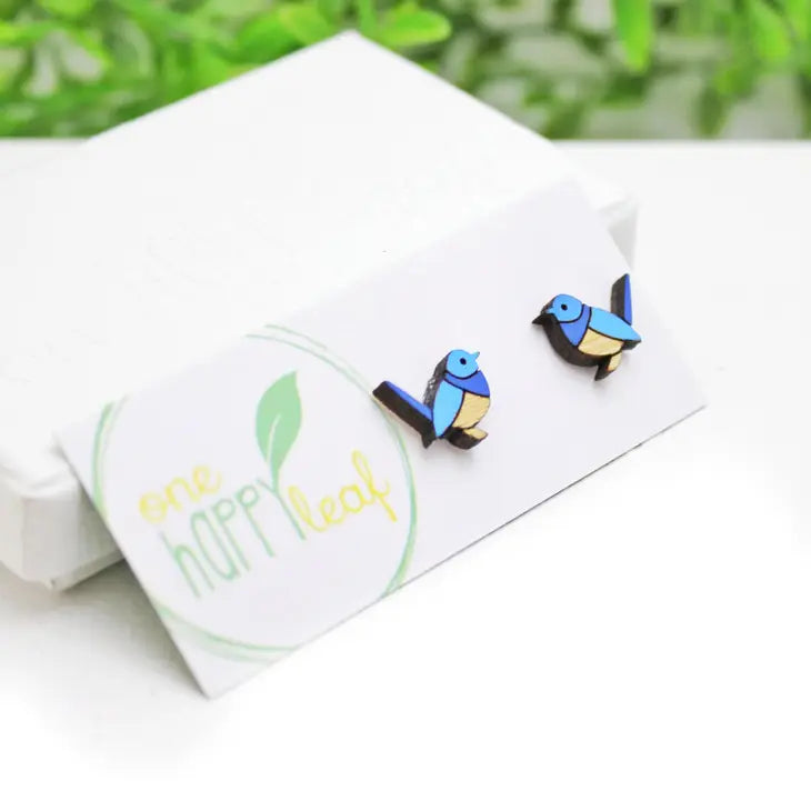 BAMBOO WOOD STUD EARRINGS - BLUE WREN
