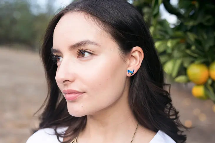 BAMBOO WOOD STUD EARRINGS - BLUE WREN