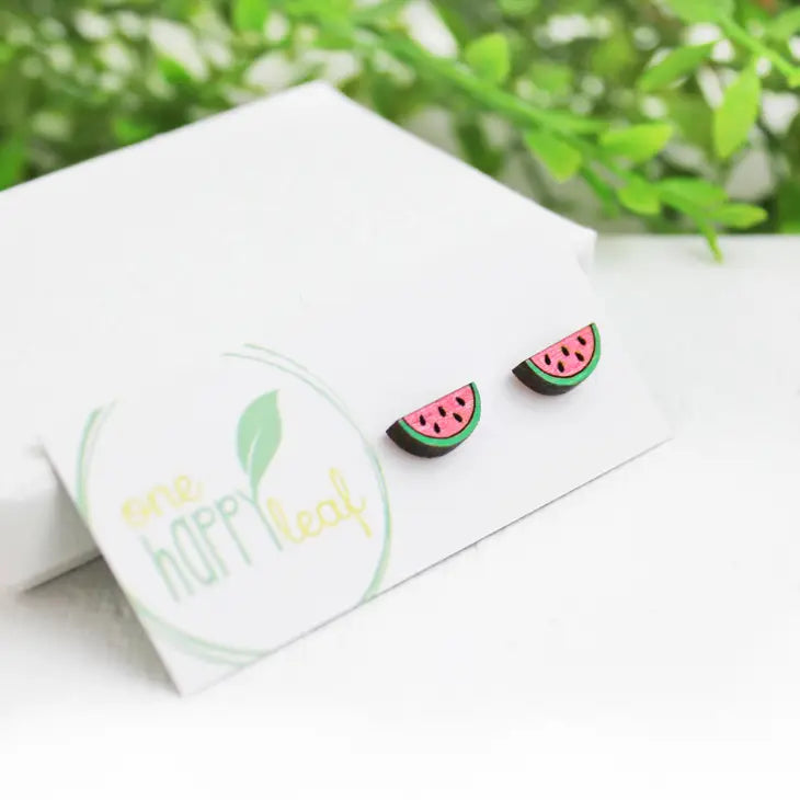 BAMBOO WOOD STUD EARRINGS - WATERMELON