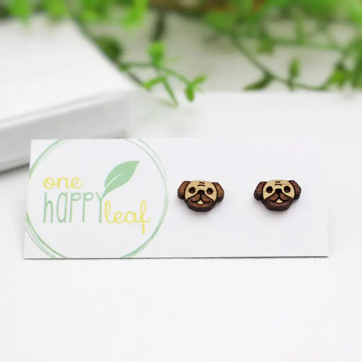 BAMBOO WOOD STUD EARRINGS - PUG DOG