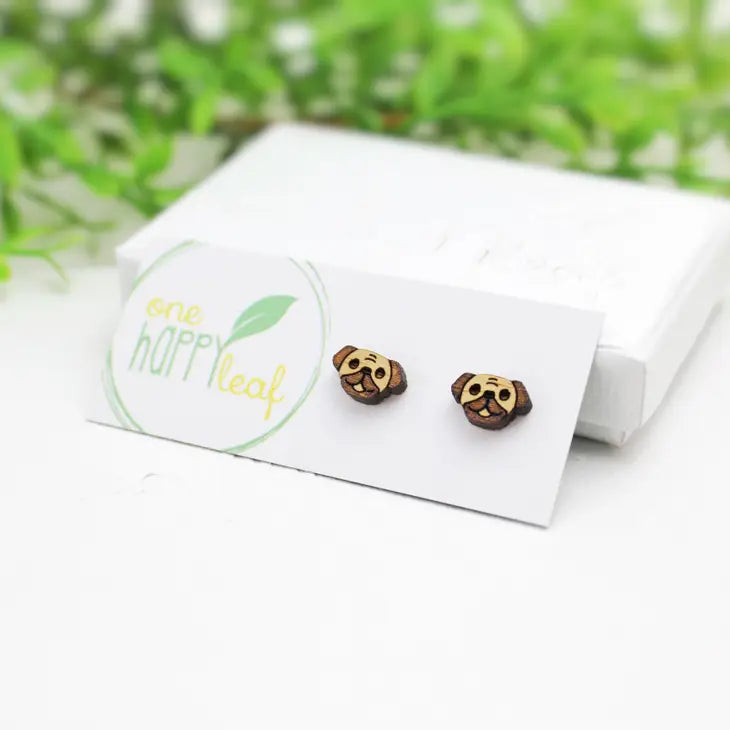 BAMBOO WOOD STUD EARRINGS - PUG DOG