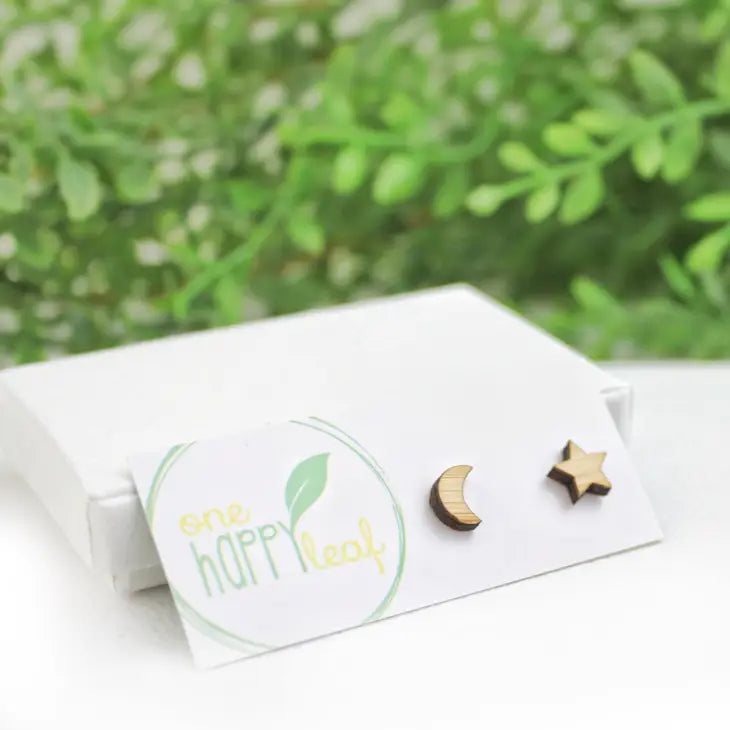 BAMBOO WOOD STUD EARRINGS - STAR & MOON