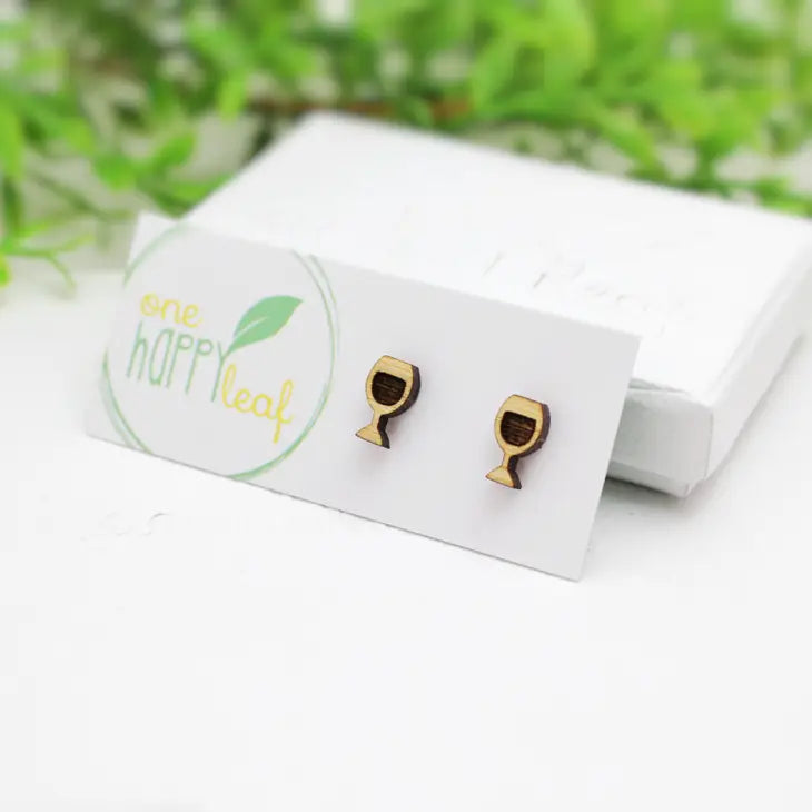 BAMBOO WOOD STUD EARRINGS - WINE GLASS
