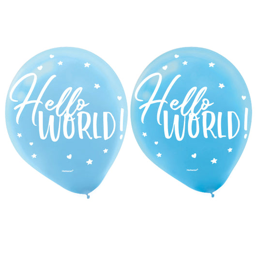 BABY SHOWER HELLO WORLD BLUE BALLOONS 30.4CM - PACK OF 15