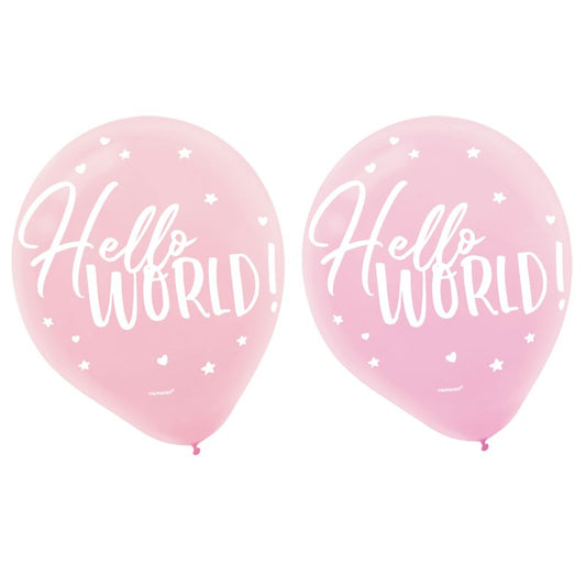 BABY SHOWER HELLO WORLD GIRL BALLOONS 30.4CM - PACK OF 15