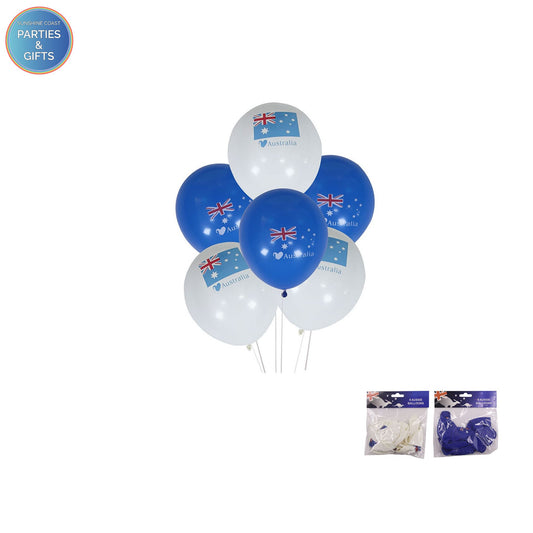 AUSTRALIAN AUSSIE LATEX BALLOONS BLUE OR WHITE - PACK OF 8