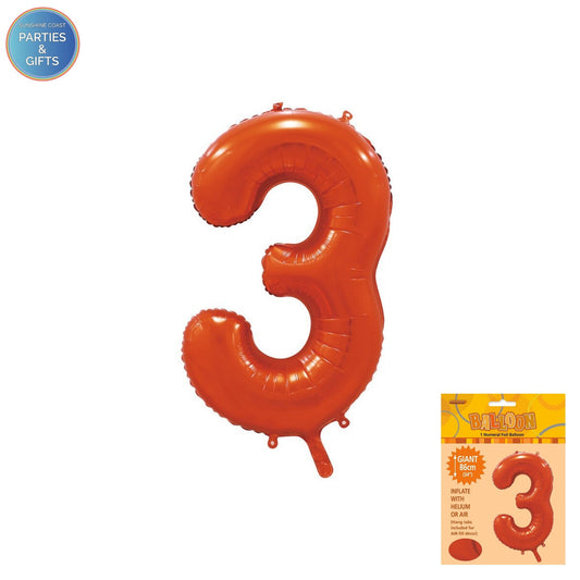 GIANT FOIL BALLOON - ORANGE NUMBER 3 - 86CM