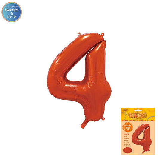 GIANT FOIL BALLOON - ORANGE NUMBER 4 - 86CM