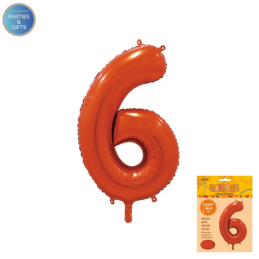 GIANT FOIL BALLOON - ORANGE NUMBER 6 - 86CM